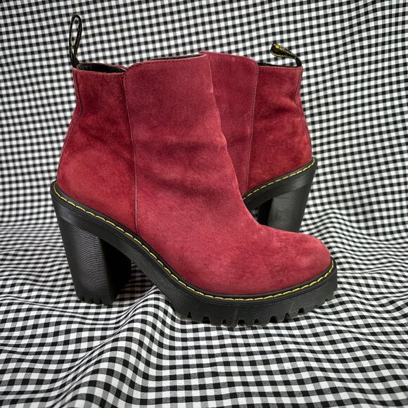 Dr. Martens Shoes - Dr Martens Magdalena Suede Leather Burgundy Red Heeled Boots Women’s 9